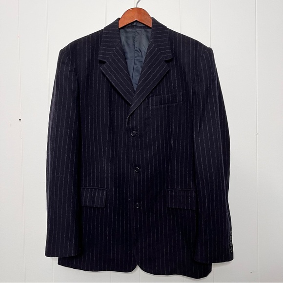 J. Crew Navy Striped Blazer Jacket Wool Blend Winter Weight 3 Button Men's L - Picture 1 of 10